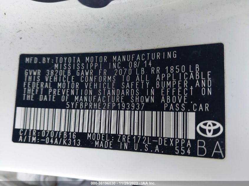 2015 TOYOTA COROLLA LE ECO PLUS - 5YFBPRHE2FP193937