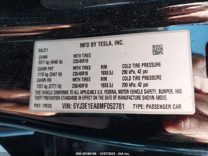 2021 TESLA MODEL 3 STANDARD RANGE PLUS - 5YJ3E1EA8MF052781