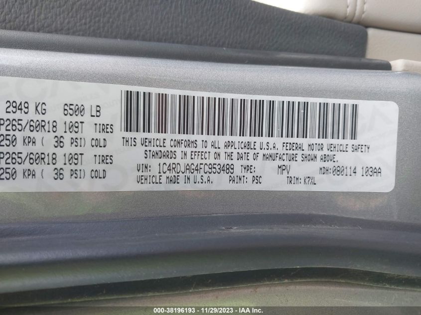 2015 DODGE DURANGO SXT - 1C4RDJAG4FC953489