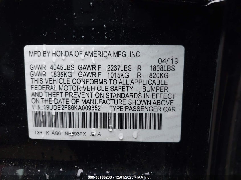 VIN 19UDE2F86KA009652 2019 ACURA ILX PREMIUM A-SPEC/TECHNOLOGY