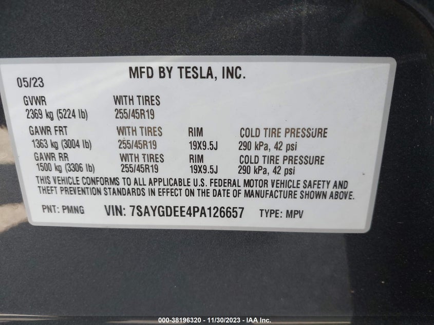 VIN 7SAYGDEE4PA126657 2023 TESLA MODEL Y