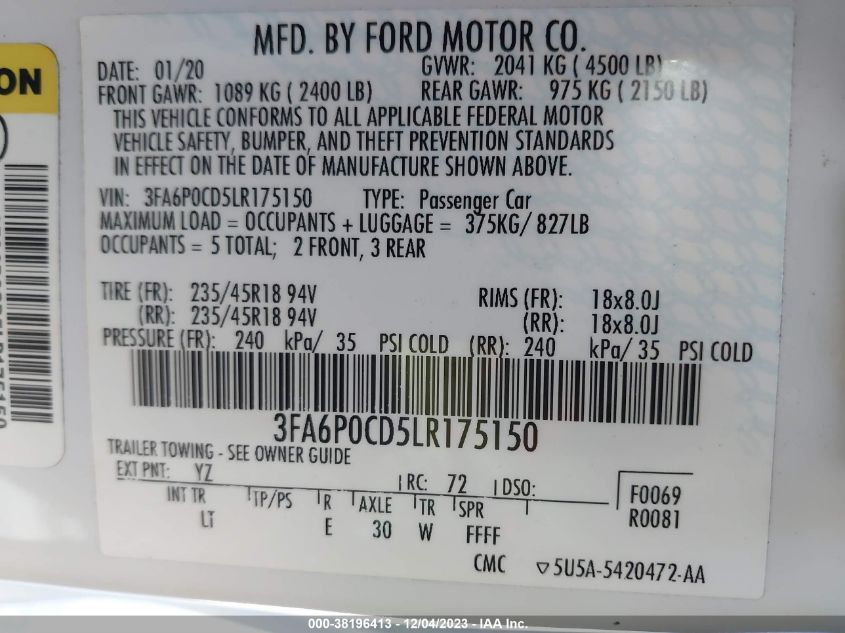 2020 FORD FUSION SEL - 3FA6P0CD5LR175150