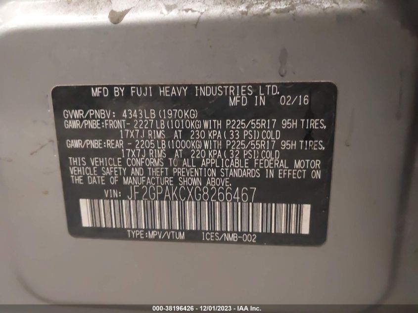 2016 SUBARU CROSSTREK LIMITED - JF2GPAKCXG8266467