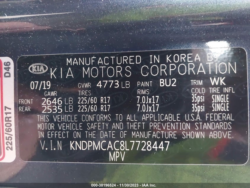 VIN KNDPMCAC8L7728447 2020 KIA SPORTAGE LX