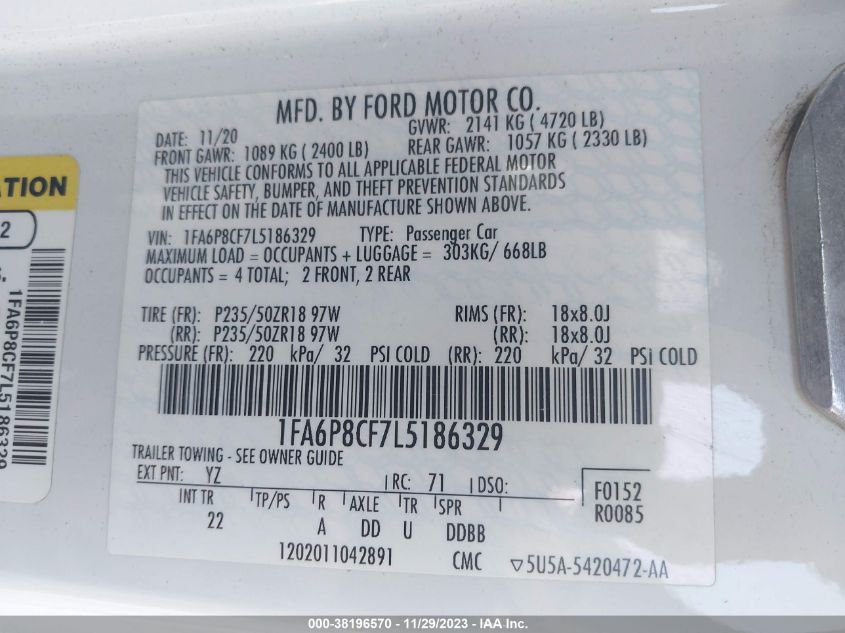VIN 1FA6P8CF7L5186329 2020 FORD MUSTANG GT