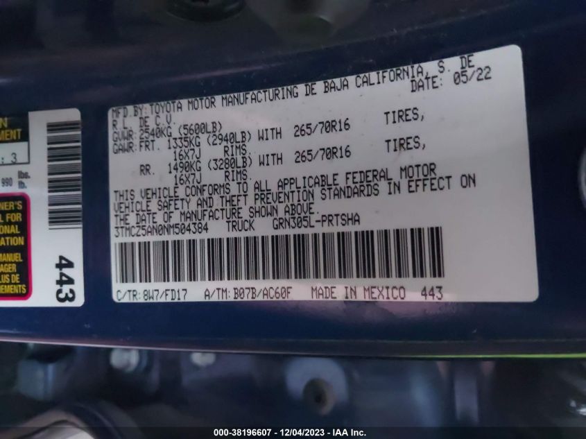2022 TOYOTA TACOMA DOUBLE CAB/SR/SR5 - 3TMCZ5AN0NM504384