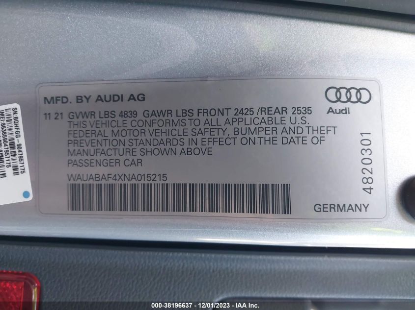 2022 AUDI A4 PREMIUM 40 - WAUABAF4XNA015215