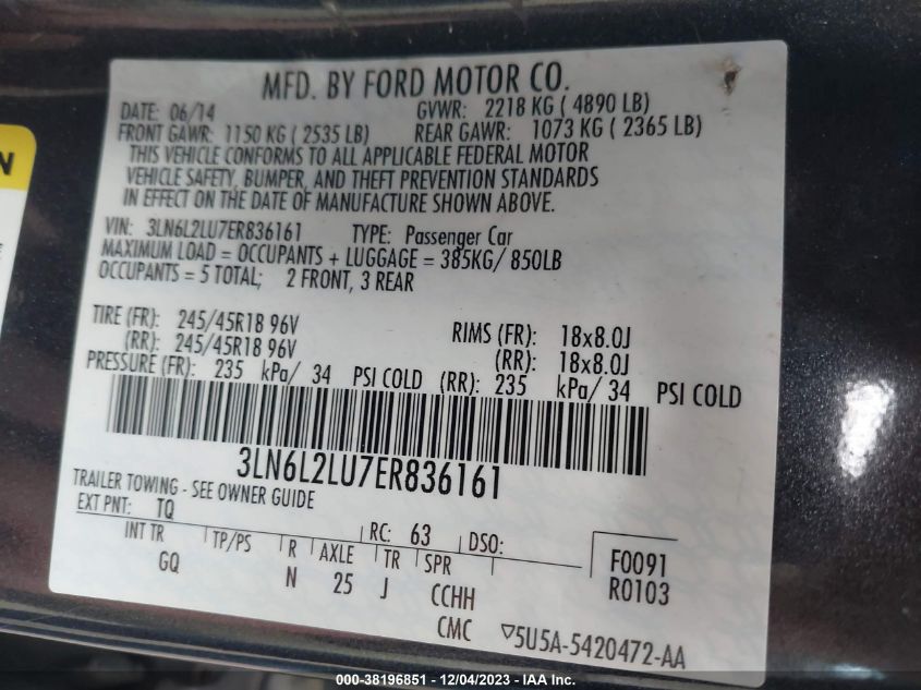 2014 LINCOLN MKZ HYBRID 3LN6L2LU7ER836161