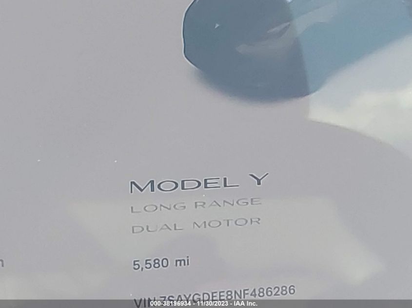 2022 TESLA MODEL Y - 7SAYGDEE8NF486286