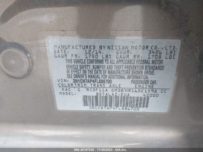 2015 NISSAN VERSA S PLUS - 3N1CN7AP4FL886700