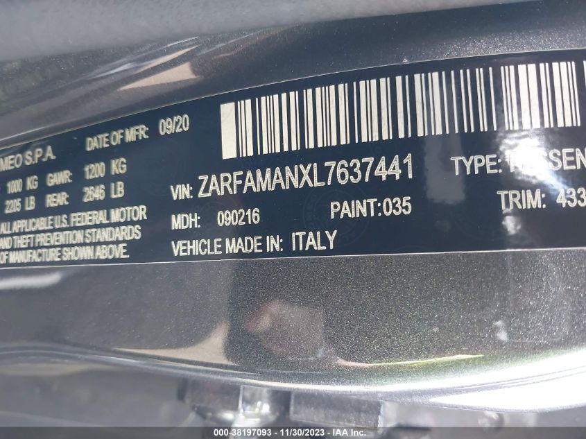 2020 ALFA ROMEO GIULIA - ZARFAMANXL7637441