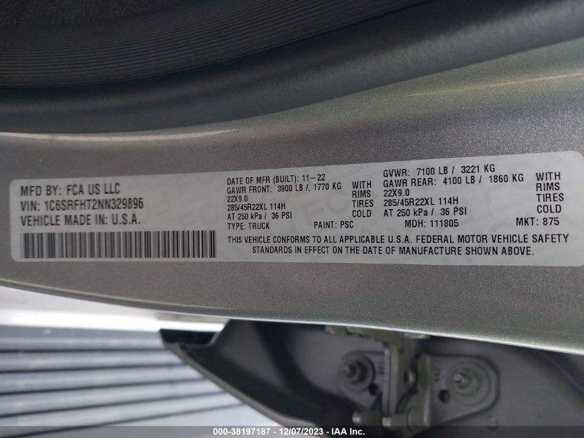 2022 RAM 1500 LIMITED - 1C6SRFHT2NN329896