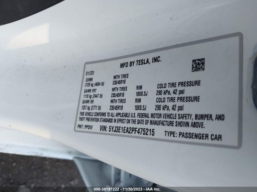 2023 TESLA MODEL 3 - 5YJ3E1EA2PF475215