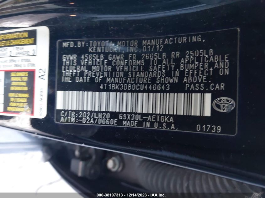 4T1BK3DB0CU446643 | 2012 TOYOTA AVALON