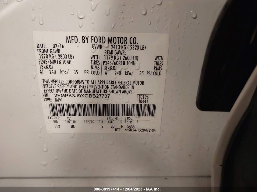 2016 FORD EDGE SEL - 2FMPK3J9XGBB27737