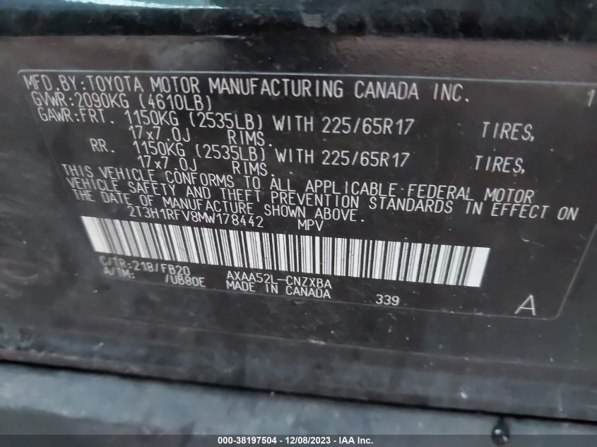 2021 TOYOTA RAV4 LE - 2T3H1RFV8MW178442