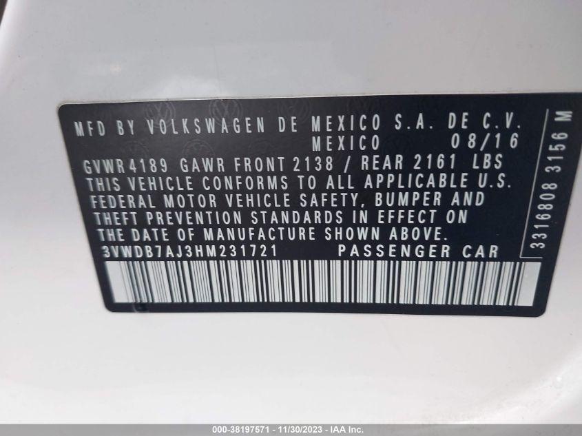 2017 VOLKSWAGEN JETTA 1.4T SE - 3VWDB7AJ3HM231721