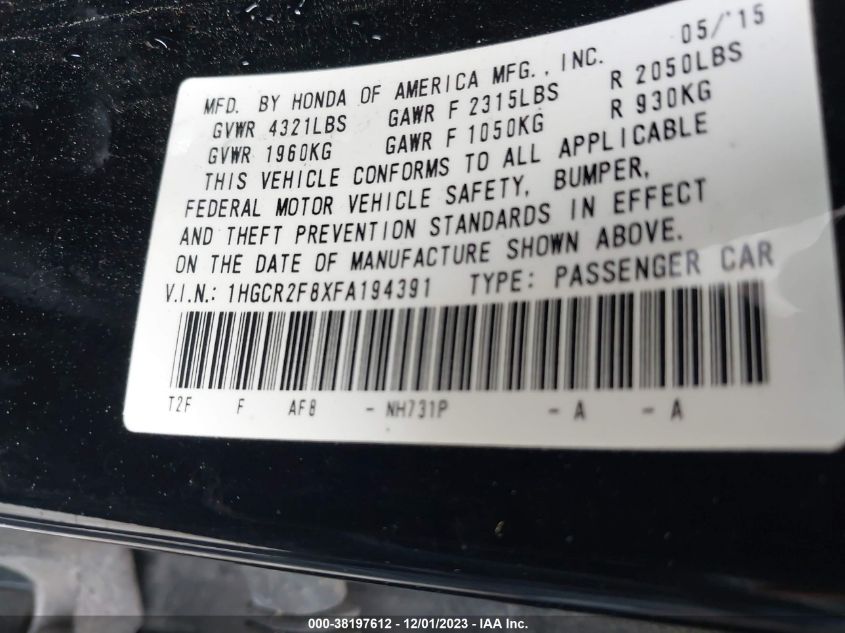 2015 HONDA ACCORD EX-L - 1HGCR2F8XFA194391