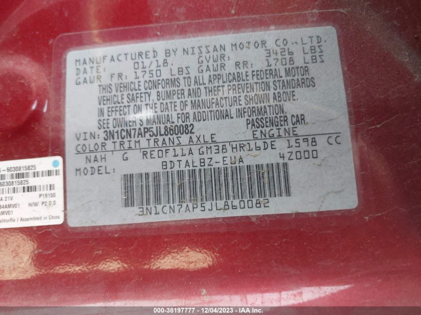 2018 NISSAN VERSA 1.6 SV - 3N1CN7AP5JL860082