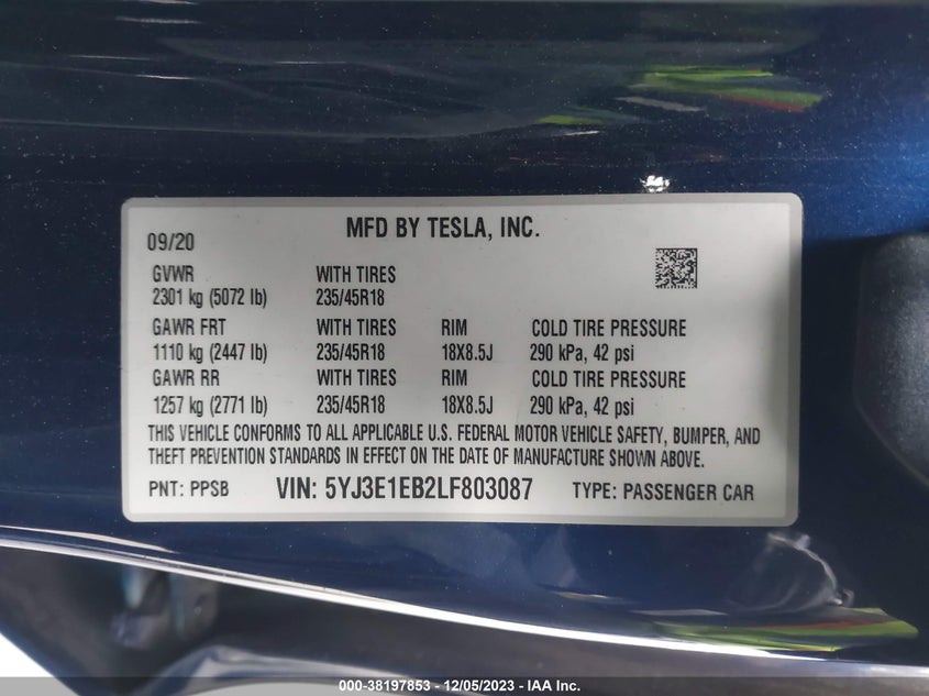 VIN 5YJ3E1EB2LF803087 2020 TESLA MODEL 3