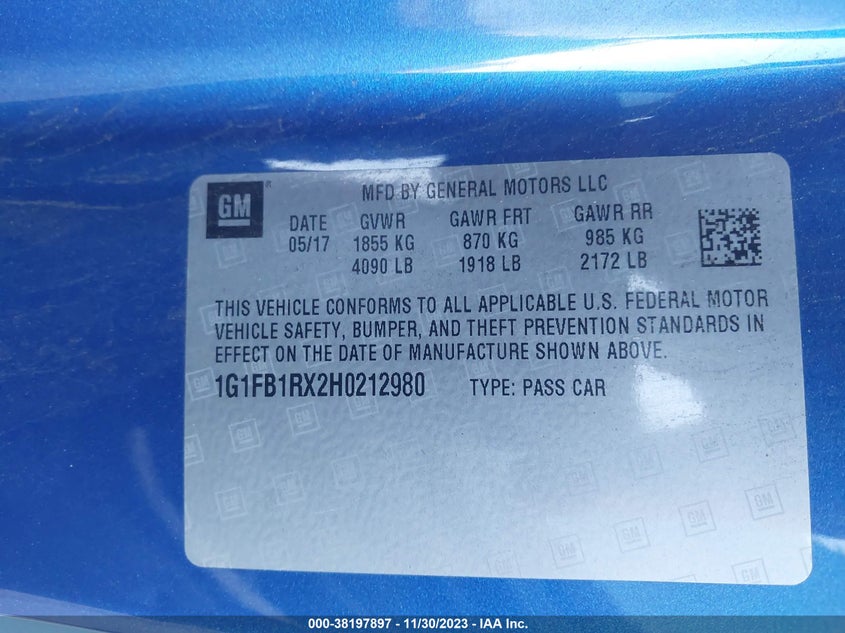 VIN 1G1FB1RX2H0212980 2017 CHEVROLET CAMARO 1LT