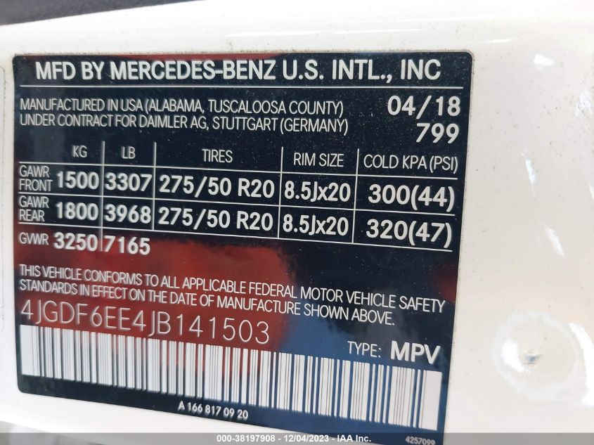 2018 MERCEDES-BENZ GLS 450 4JGDF6EE4JB141503