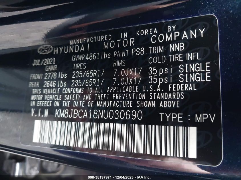 2022 HYUNDAI TUCSON HYBRID BLUE KM8JBCA18NU030690