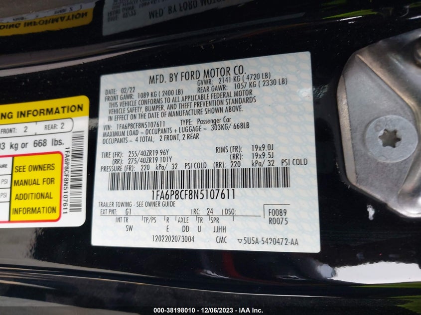 VIN 1FA6P8CF8N5107611 2022 FORD MUSTANG GT