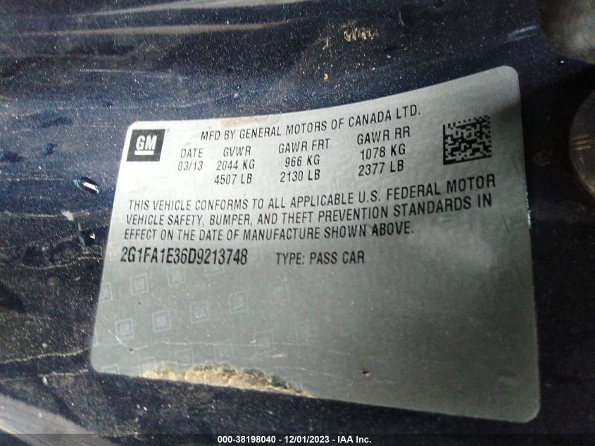 2013 CHEVROLET CAMARO 2LS - 2G1FA1E36D9213748