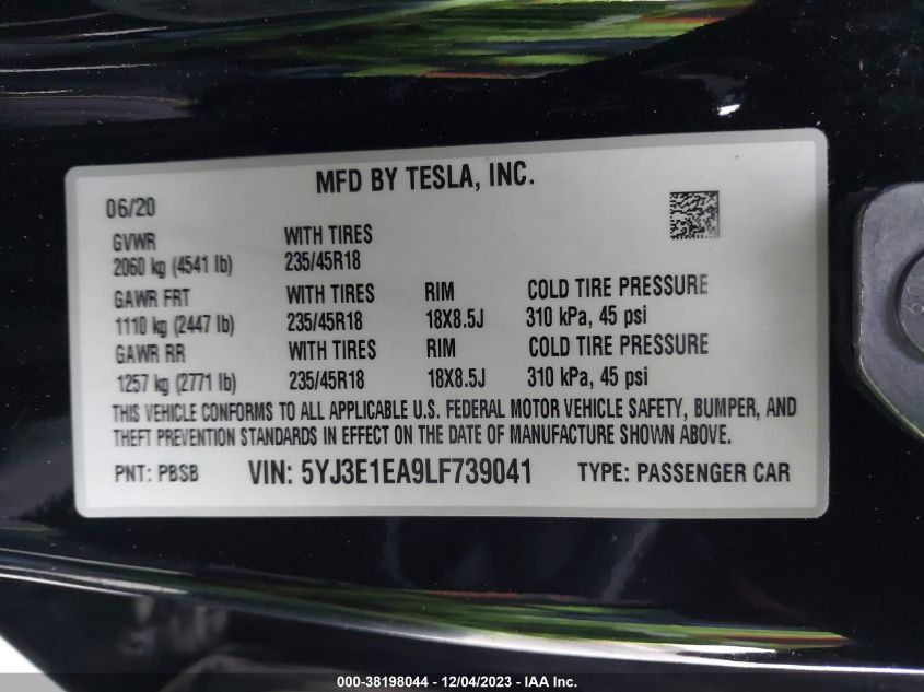 2020 TESLA MODEL 3 - 5YJ3E1EA9LF739041