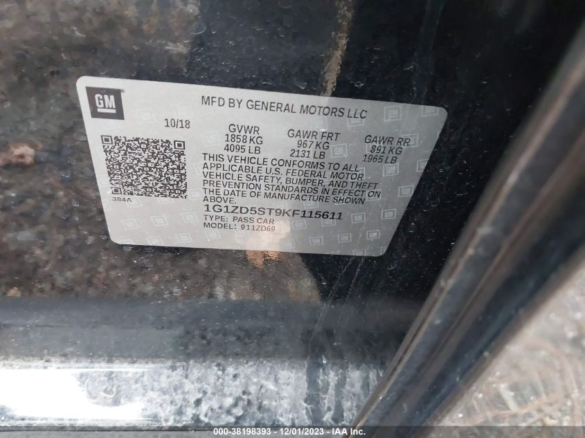 2019 CHEVROLET MALIBU LT - 1G1ZD5ST9KF115611