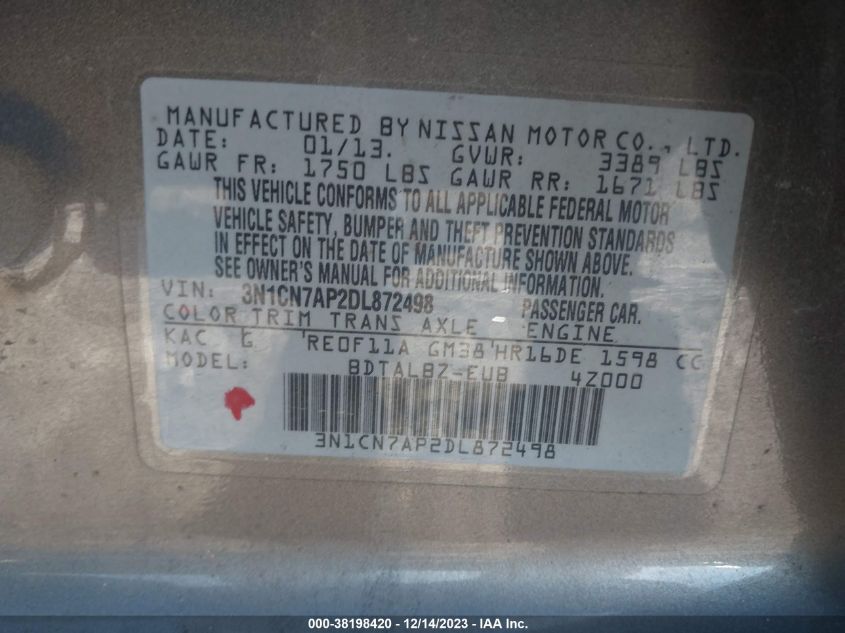 2013 NISSAN VERSA S/S PLUS/SV/SL - 3N1CN7AP2DL872498