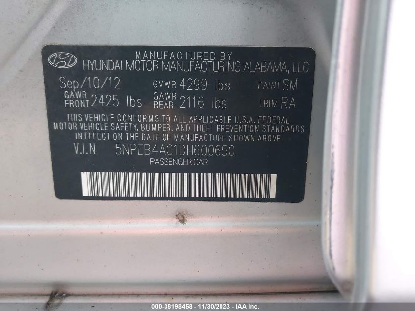2013 HYUNDAI SONATA GLS - 5NPEB4AC1DH600650