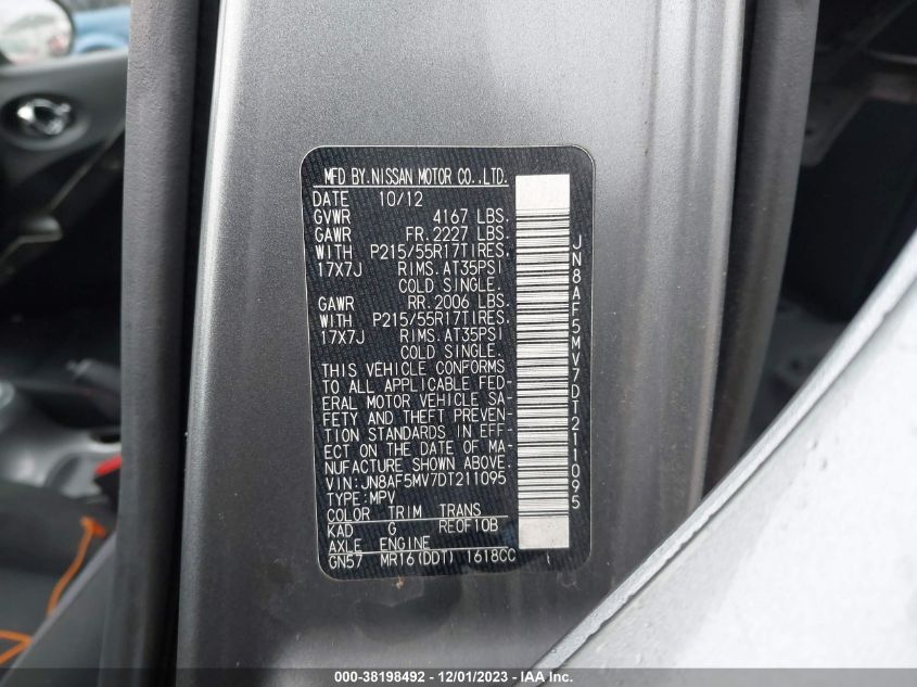 2013 NISSAN JUKE S/SV/SL - JN8AF5MV7DT211095