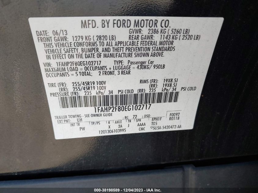 2014 FORD TAURUS LIMITED - 1FAHP2F80EG102717