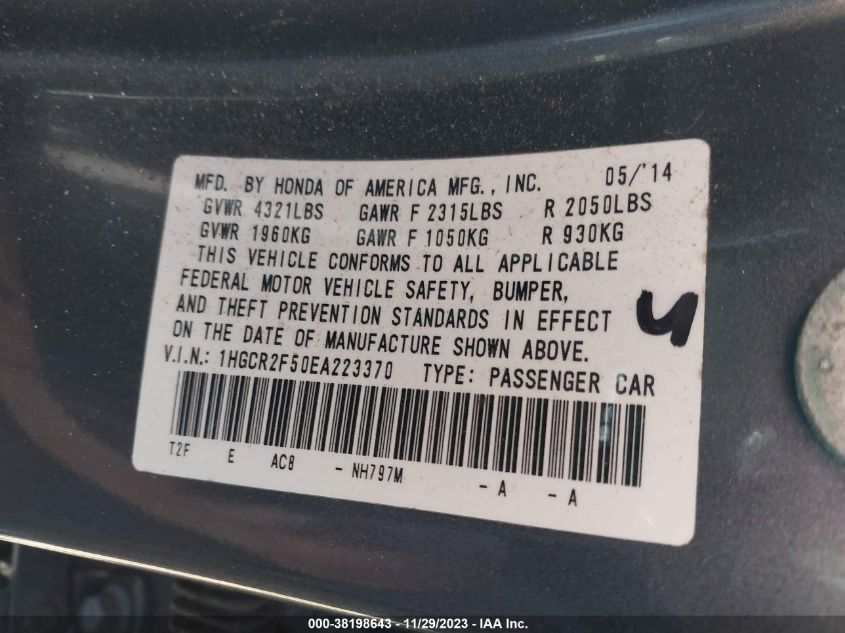 2014 HONDA ACCORD SPORT - 1HGCR2F50EA223370