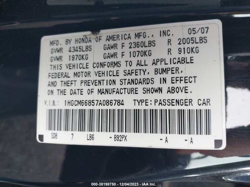 1HGCM66857A086784 | 2007 HONDA ACCORD