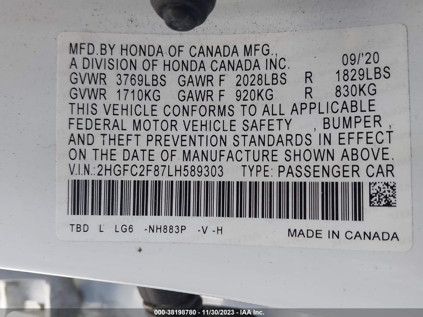 2020 HONDA CIVIC SPORT - 2HGFC2F87LH589303