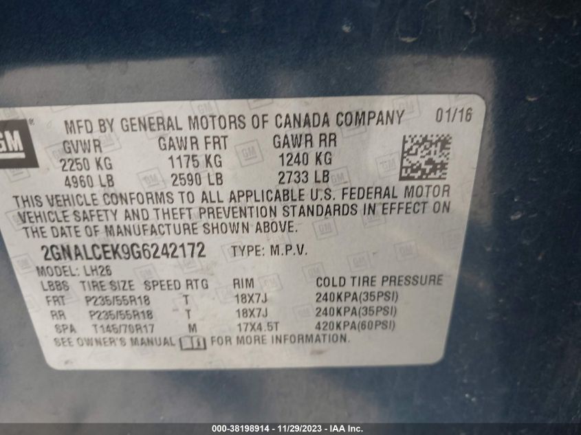 2016 CHEVROLET EQUINOX LT - 2GNALCEK9G6242172