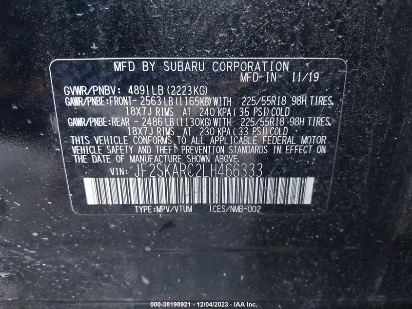 VIN JF2SKARC2LH466333 2020 SUBARU FORESTER SPORT