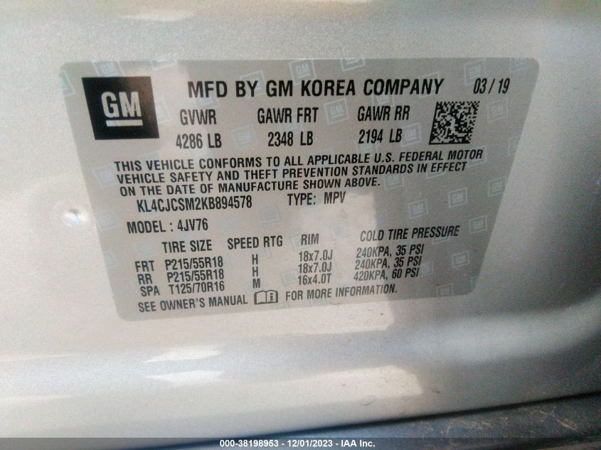 2019 BUICK ENCORE ESSENCE - KL4CJCSM2KB894578