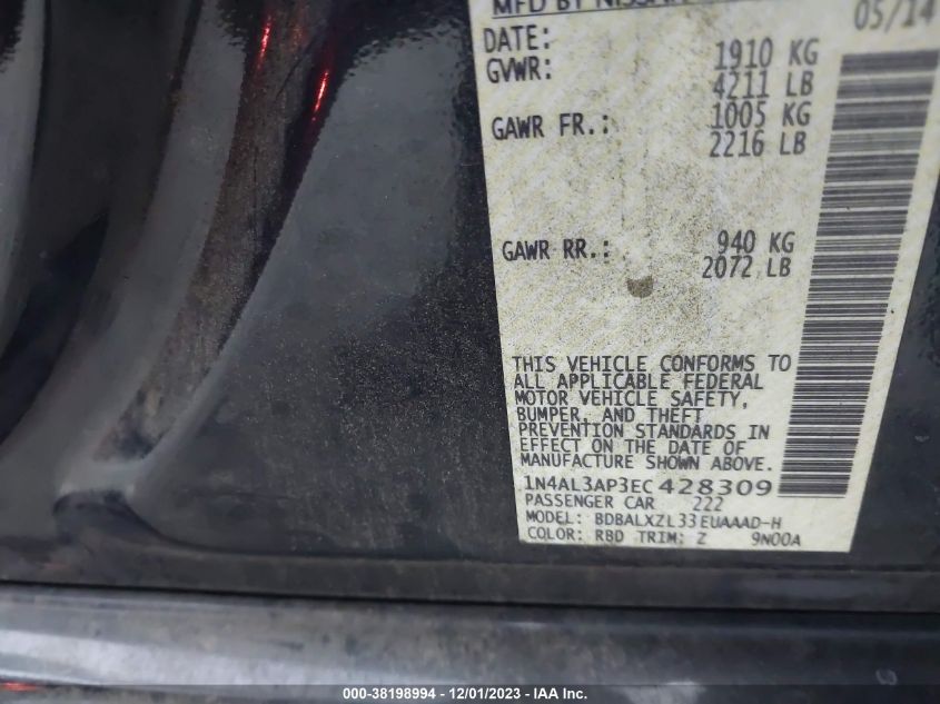 2014 NISSAN ALTIMA 2.5 SL - 1N4AL3AP3EC428309