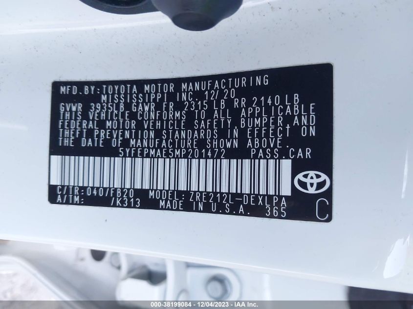 2021 TOYOTA COROLLA LE - 5YFEPMAE5MP201472