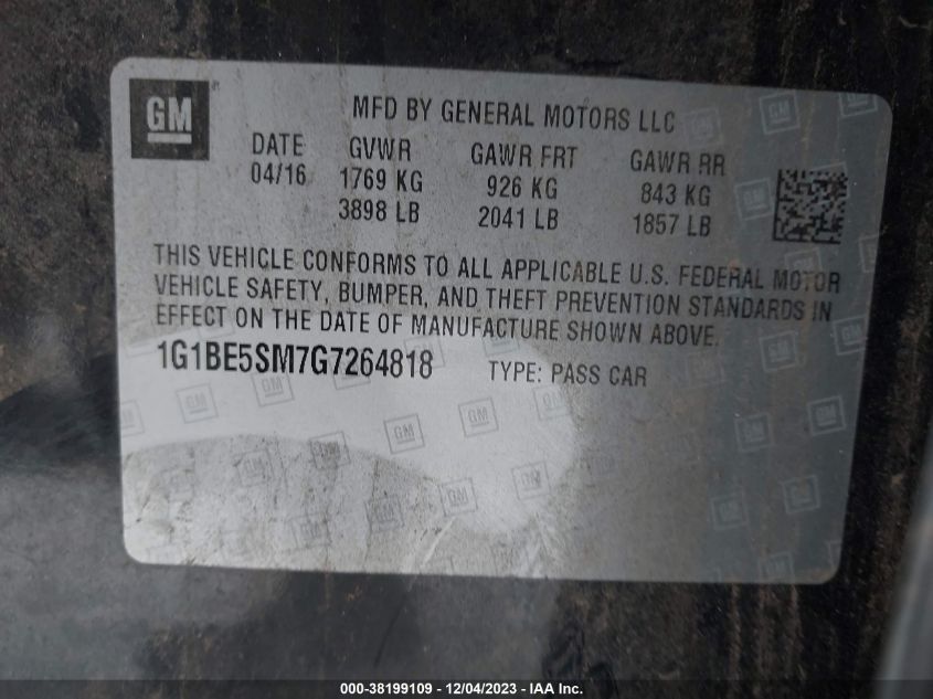 2016 CHEVROLET CRUZE LT - 1G1BE5SM7G7264818