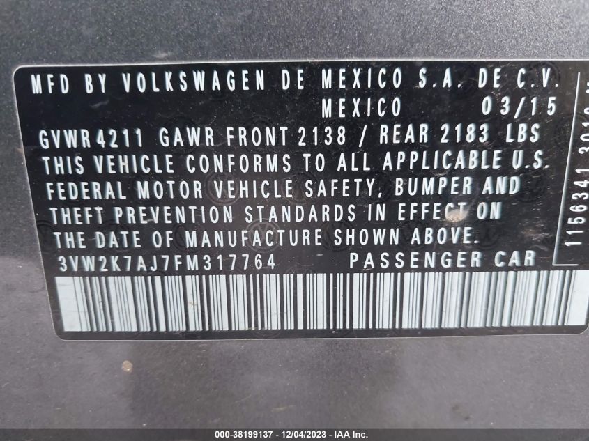 2015 VOLKSWAGEN JETTA 2.0L S - 3VW2K7AJ7FM317764