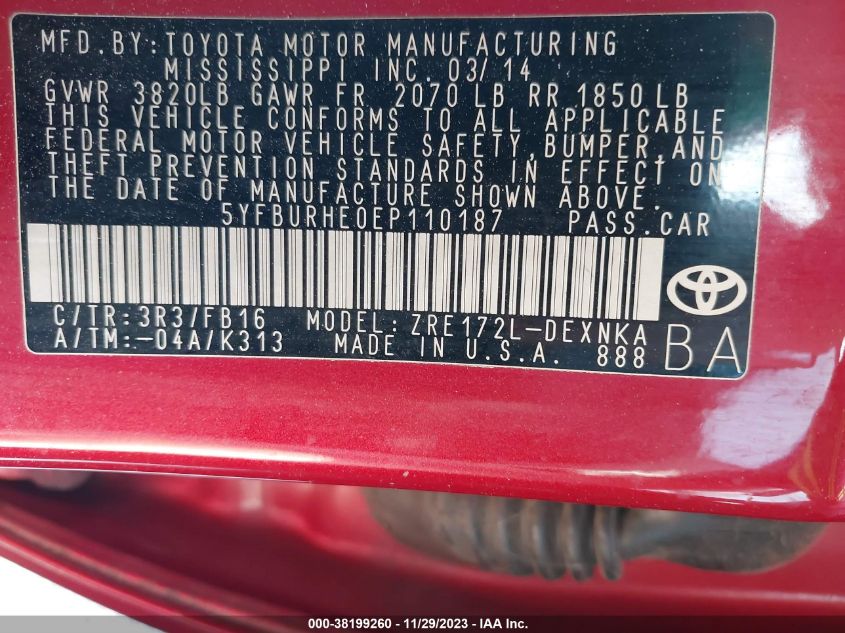 2014 TOYOTA COROLLA LE - 5YFBURHE0EP110187