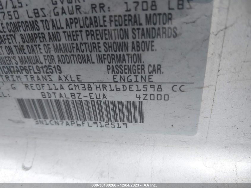2015 NISSAN VERSA S/S PLUS/SV/SL - 3N1CN7AP6FL912519