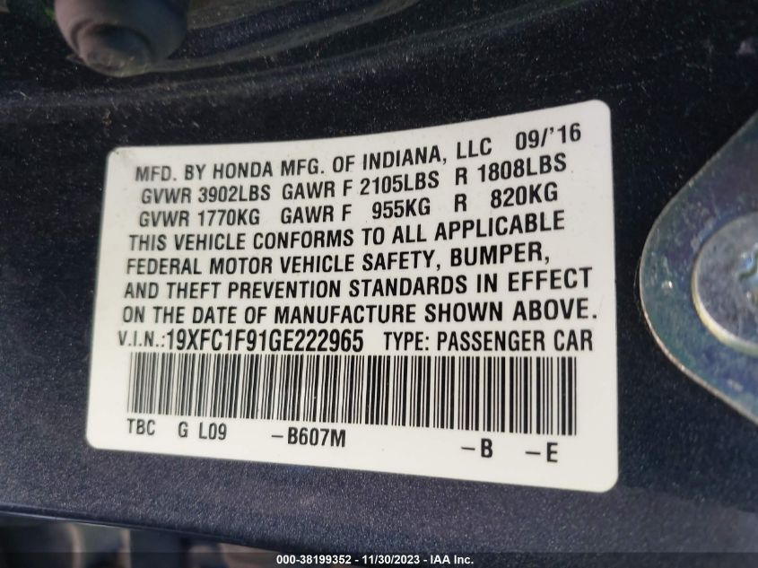 2016 HONDA CIVIC TOURING - 19XFC1F91GE222965