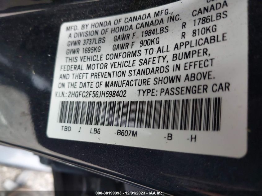 2018 HONDA CIVIC LX - 2HGFC2F56JH598402