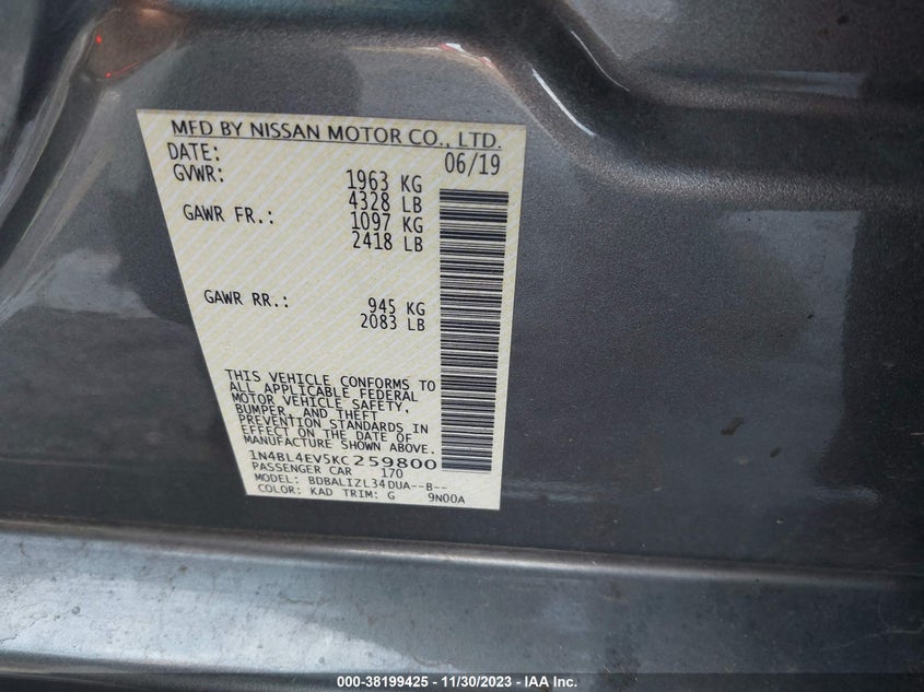 VIN 1N4BL4EV5KC259800 2019 NISSAN ALTIMA SL